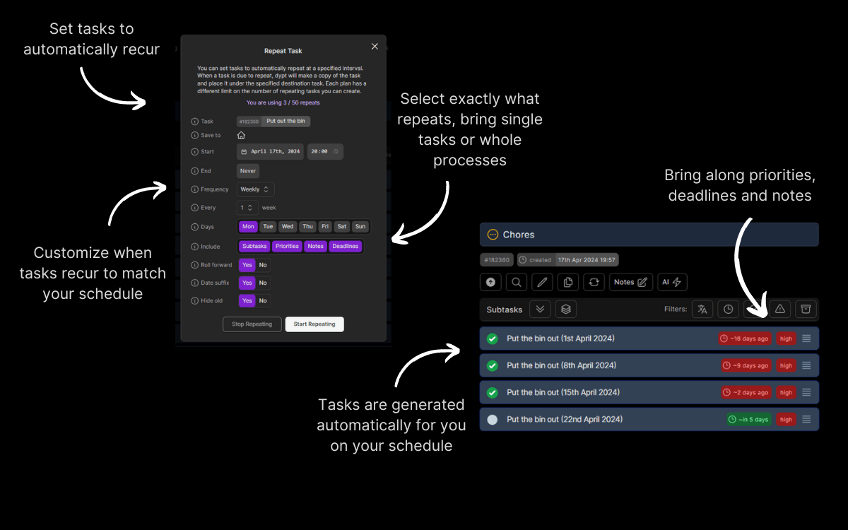 Visual guide to setting up recurring tasks in dypt