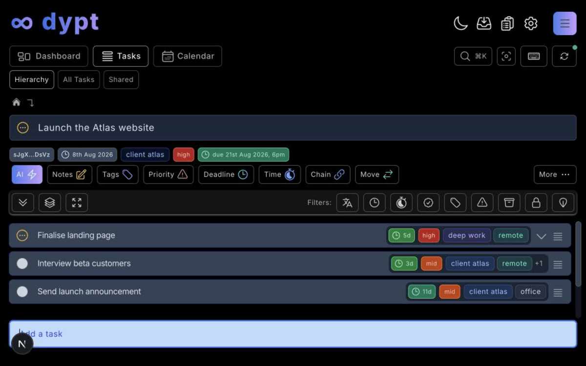 Website launch task tree organised with client, deep work, remote, and calls tags