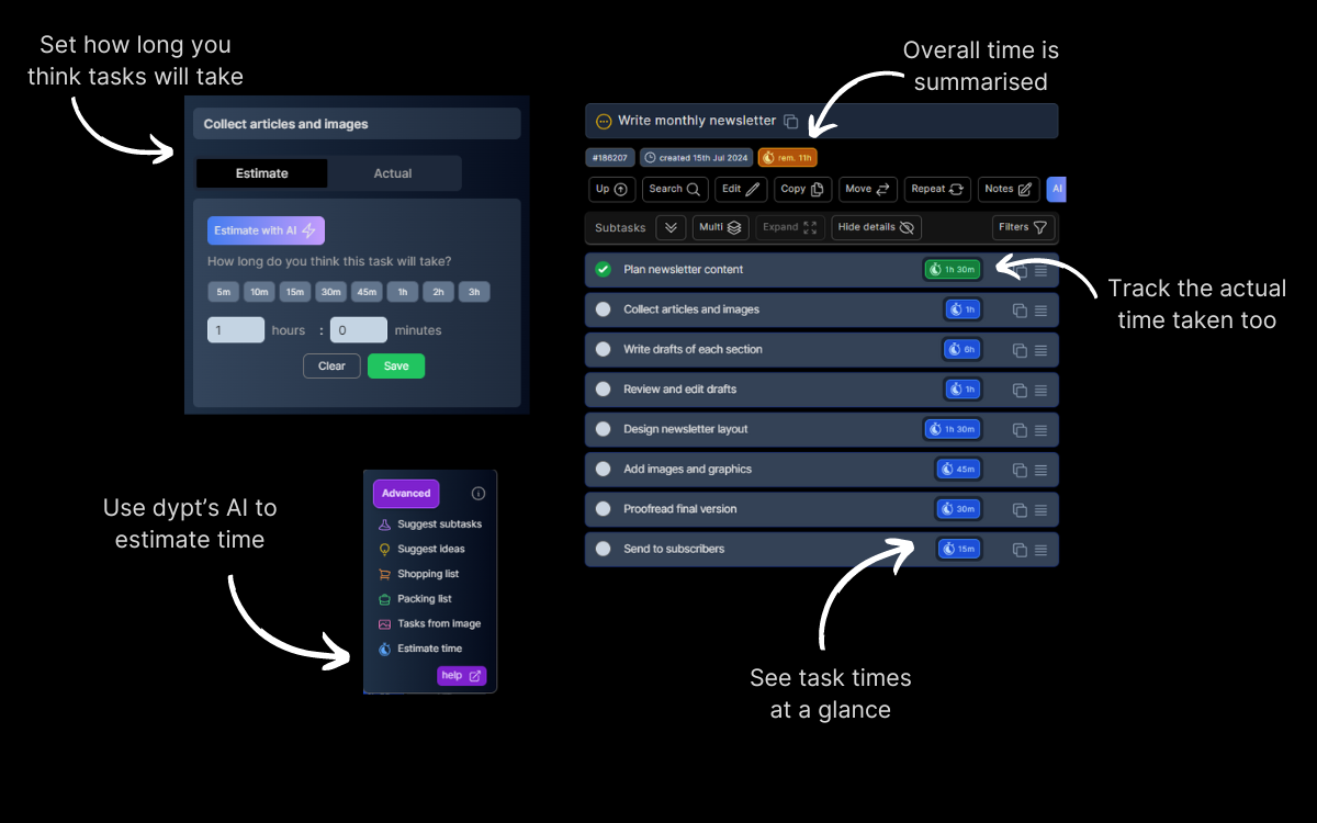 Visual guide to task time tracking in dypt