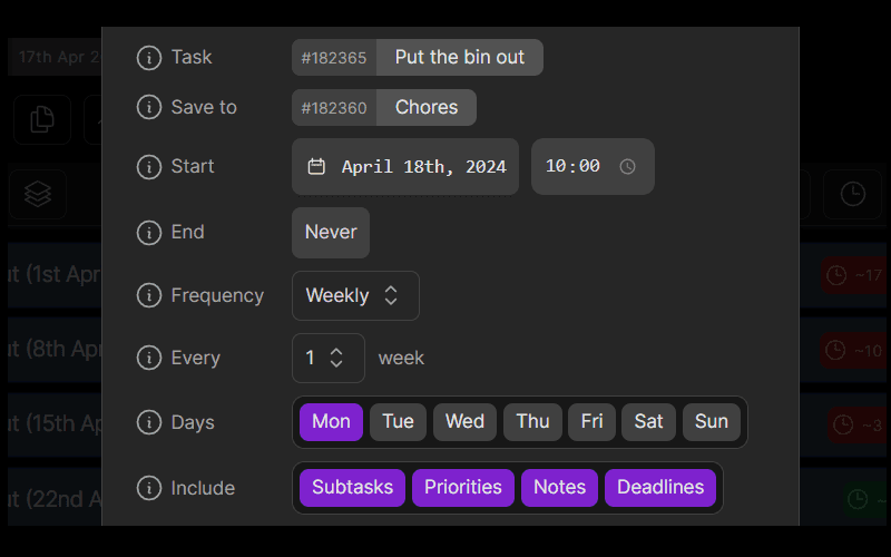 Setup of various recurring tasks in dypt