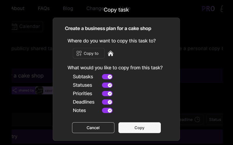 Example of copying a shared task