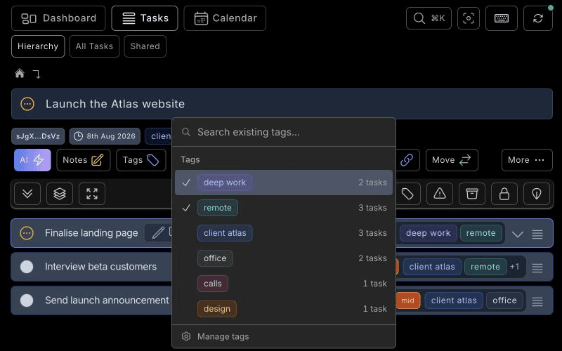 Assigning deep work and remote tags to the Finalise landing page task