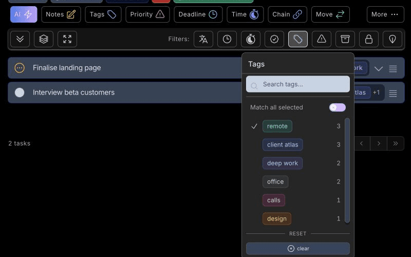 Filtering a website launch task tree by remote and deep work tags