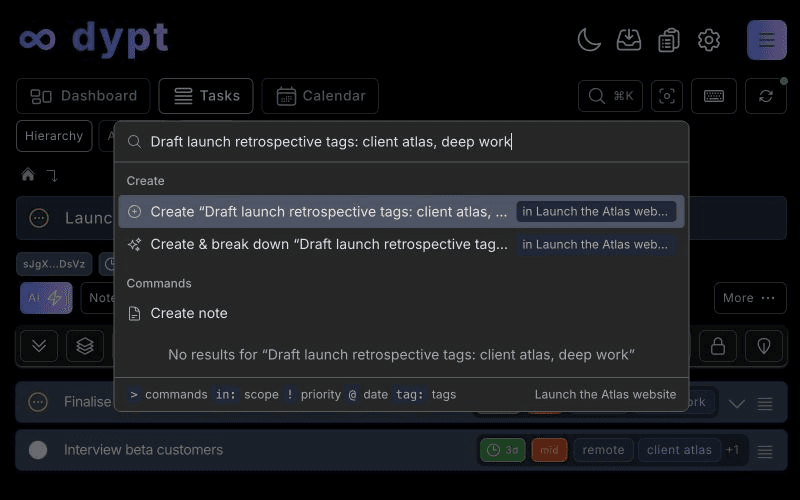 Creating a task with multiple practical tags in Command K