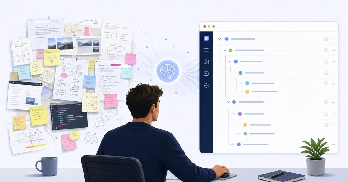 A messy set of notes and ideas turning into a clear hierarchical task tree in a modern task planning app.