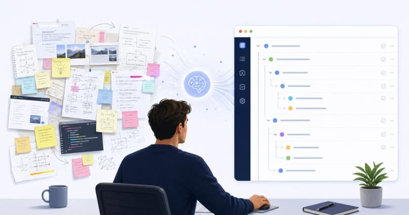 A messy set of notes and ideas turning into a clear hierarchical task tree in a modern task planning app.