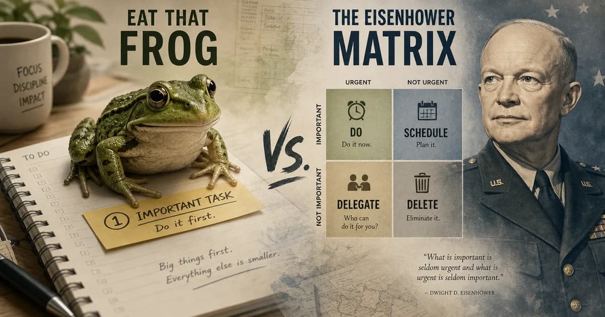 A blended visual contrast between eat the front and the eisenhower matrix