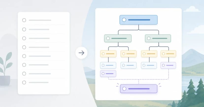 An illustration comparing a flat to-do list with a branching task tree that shows parent tasks, subtasks, and next actions.