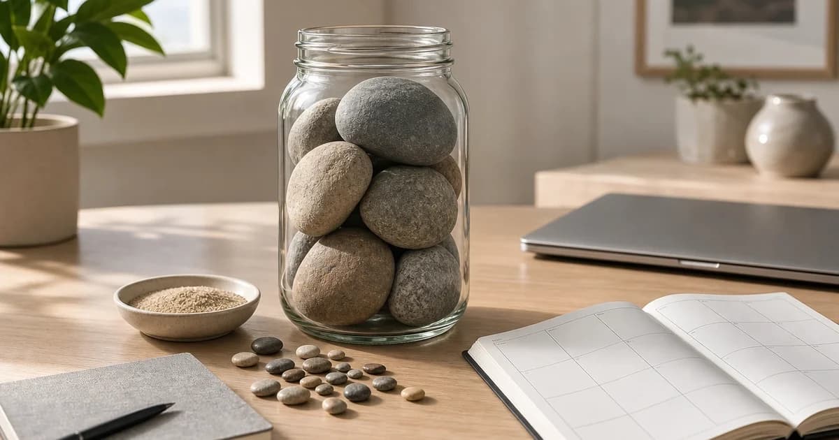 A glass jar with large rocks, pebbles, and sand beside a weekly planner on a tidy desk