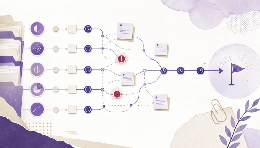 An abstract editorial illustration showing task branches, deadline markers, and note cards organized into a clear path with purple accents and subtle paper texture.