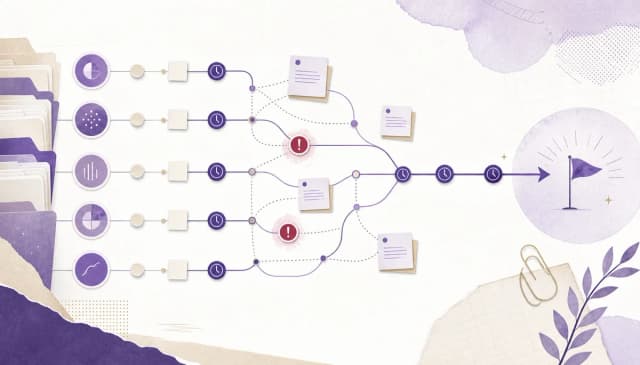 An abstract editorial illustration showing task branches, deadline markers, and note cards organized into a clear path with purple accents and subtle paper texture.