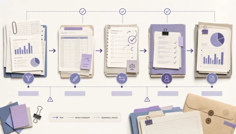 Layered accounting papers, evidence folders, checklist cards, and arrows show a month-end close workflow organized by dependencies and review points.