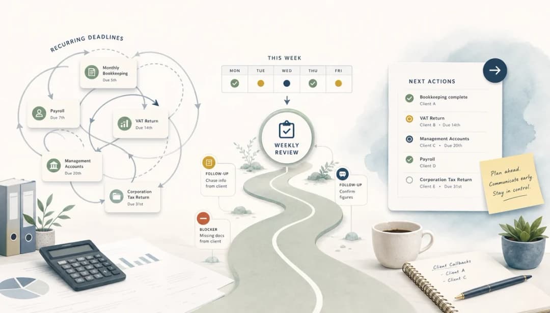 An abstract weekly accounting deadline review showing recurring deadlines, follow-up notes, and blockers in one workflow.