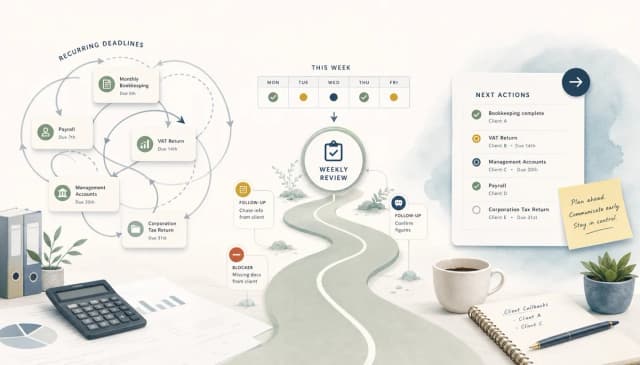 An abstract weekly accounting deadline review showing recurring deadlines, follow-up notes, and blockers in one workflow.