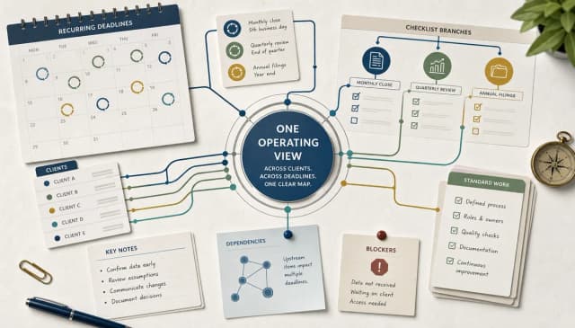 An editorial illustration shows recurring client deadlines, checklist branches, notes, and blocker markers organized into one clear workflow map.
