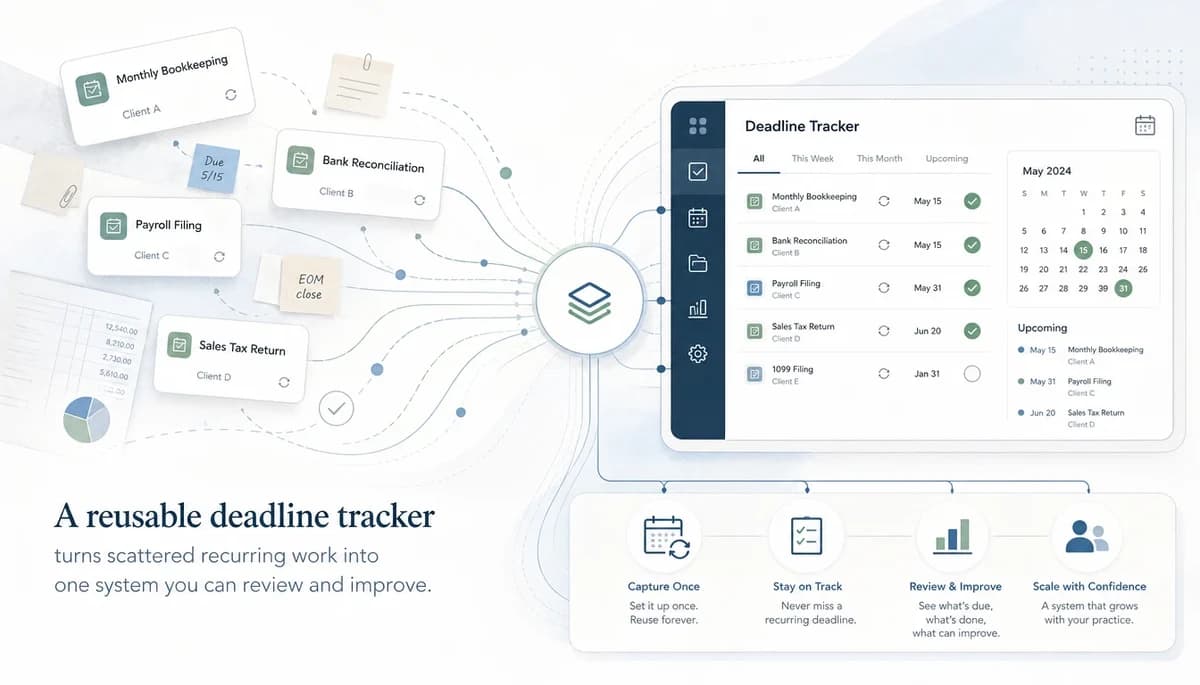 An abstract accounting workflow showing recurring client deadlines organized into one reusable system.