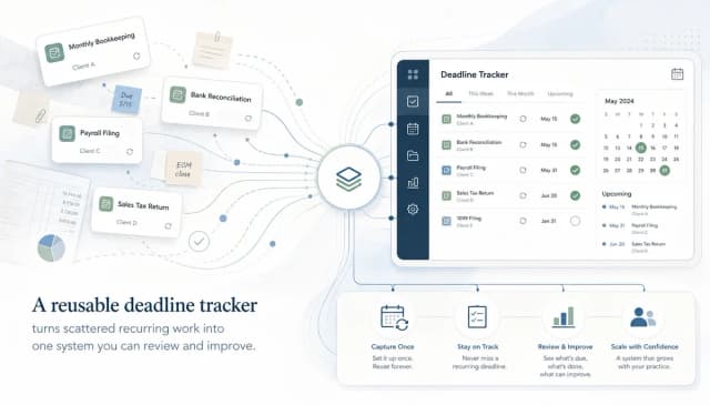 An abstract accounting workflow showing recurring client deadlines organized into one reusable system.