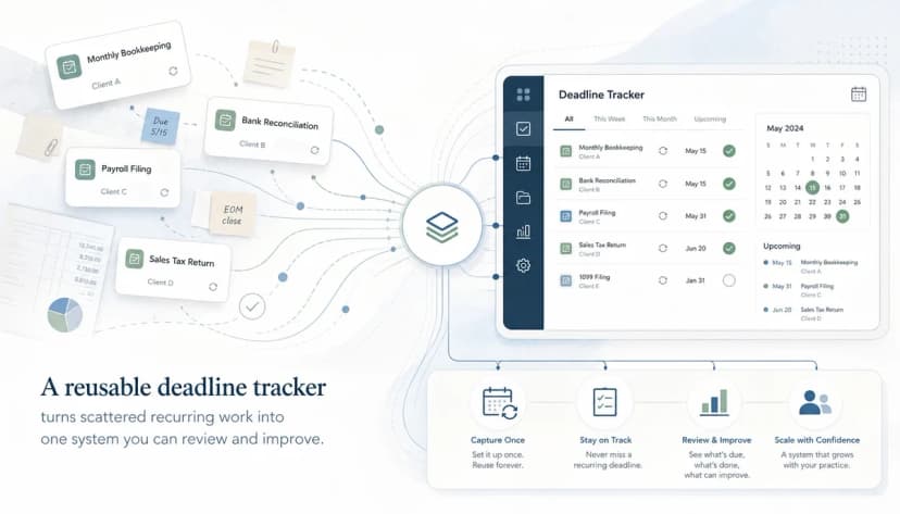 An abstract accounting workflow showing recurring client deadlines organized into one reusable system.