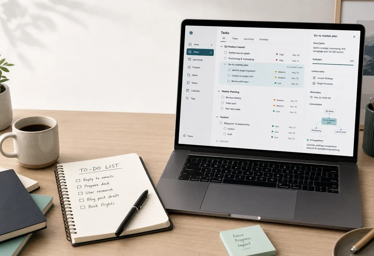 A split-view editorial illustration of a modern desk featuring a handwritten paper to-do list next to a clean digital AI task management interface with organized nested tasks.
