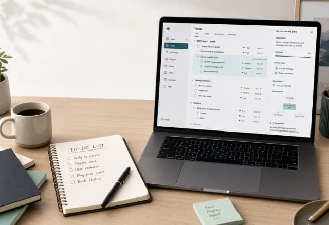 A split-view editorial illustration of a modern desk featuring a handwritten paper to-do list next to a clean digital AI task management interface with organized nested tasks.