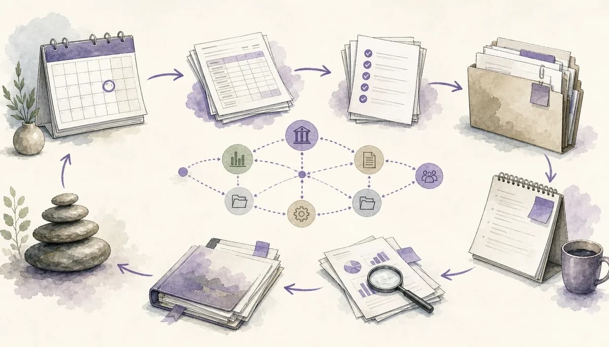 Editorial illustration of monthly close documents, calendar pages, evidence folders, and dependency lines forming a workflow map.