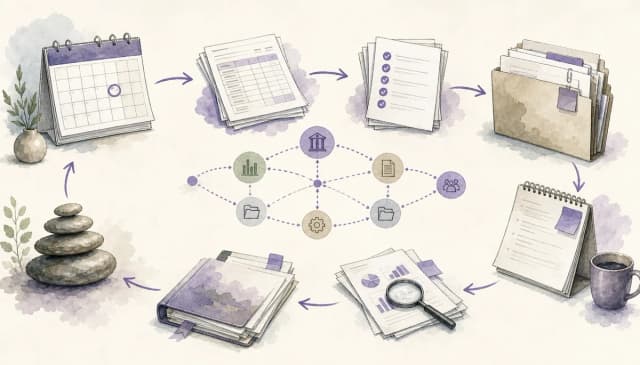 Editorial illustration of monthly close documents, calendar pages, evidence folders, and dependency lines forming a workflow map.