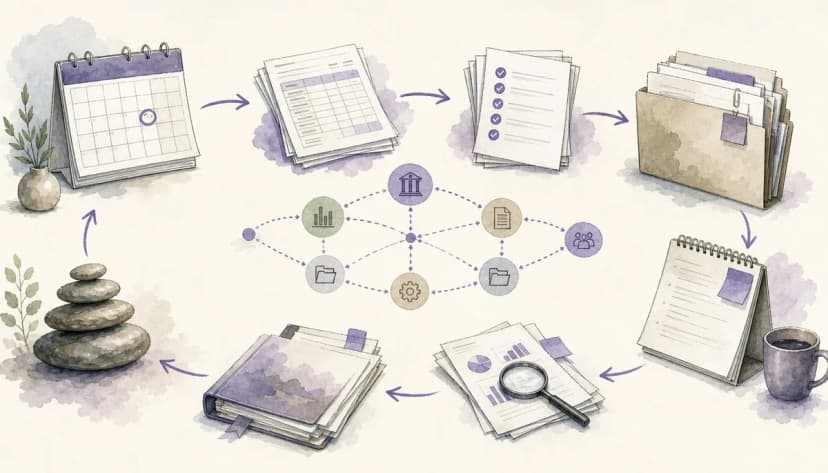 Editorial illustration of monthly close documents, calendar pages, evidence folders, and dependency lines forming a workflow map.