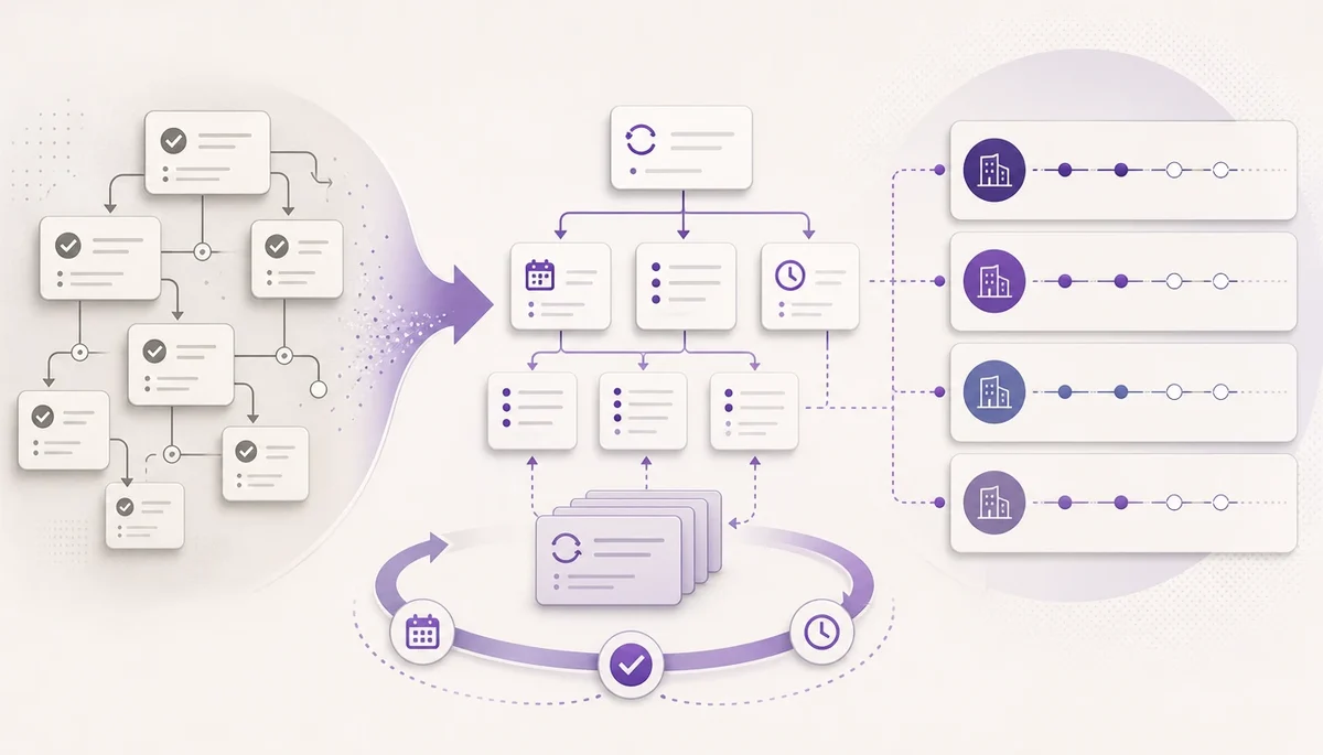 Create a refined editorial illustration for an article about rolling recurring accounting work forward. Show completed task branches transforming into a clean next-cycle workflow, with recurring arrow