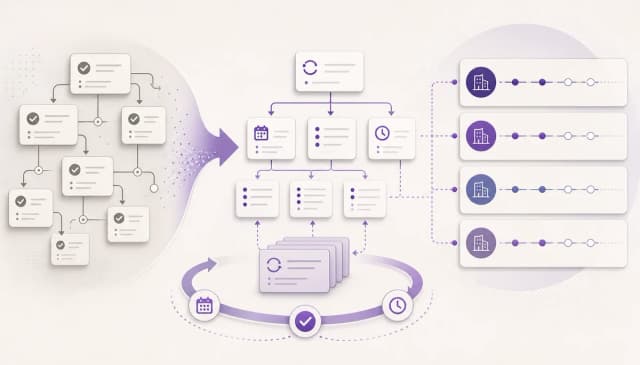 Create a refined editorial illustration for an article about rolling recurring accounting work forward. Show completed task branches transforming into a clean next-cycle workflow, with recurring arrow
