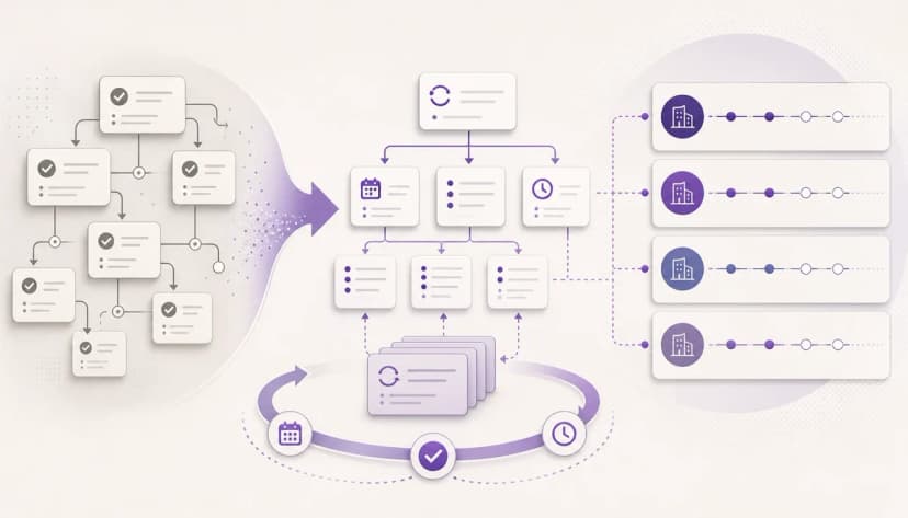 Create a refined editorial illustration for an article about rolling recurring accounting work forward. Show completed task branches transforming into a clean next-cycle workflow, with recurring arrow