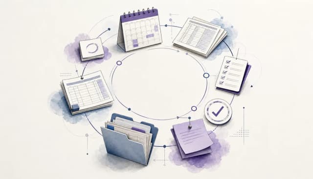 Editorial illustration of monthly close documents, checklist cards, calendar pages, and review notes organised into a reusable workflow loop.