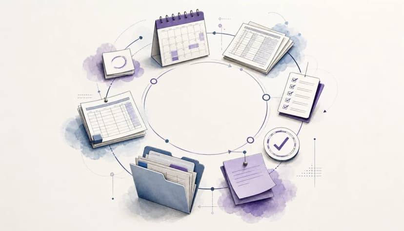 Editorial illustration of monthly close documents, checklist cards, calendar pages, and review notes organised into a reusable workflow loop.