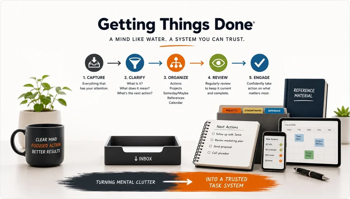 A minimalist and clean visual representation of the Getting Things Done (GTD) framework showing organized tasks and mental clarity with ample white space.