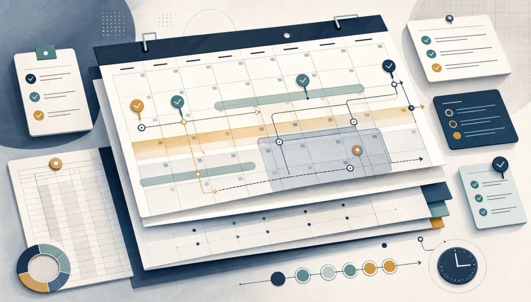 Layered monthly calendar pages in perspective with floating checklist cards, ledger sheets, reminder markers, shaded buffer bands, translucent review windows, and thin dependency lines connecting tasks in a clean editorial illustration.