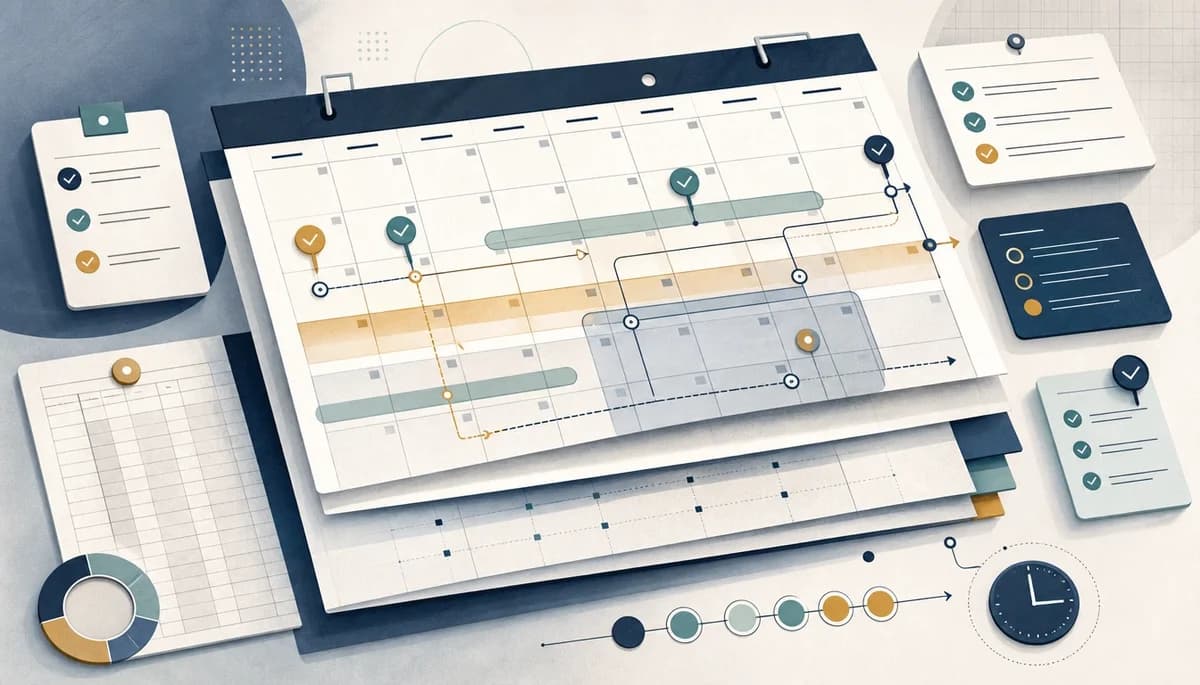 Layered monthly calendar pages in perspective with floating checklist cards, ledger sheets, reminder markers, shaded buffer bands, translucent review windows, and thin dependency lines connecting tasks in a clean editorial illustration.