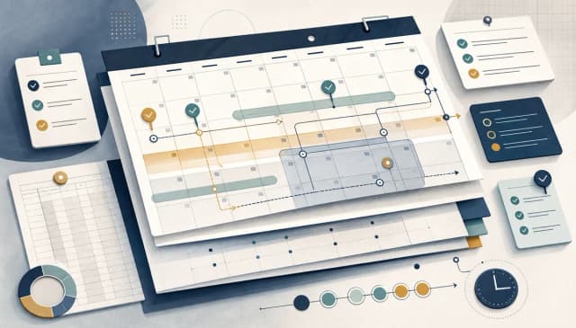 Layered monthly calendar pages in perspective with floating checklist cards, ledger sheets, reminder markers, shaded buffer bands, translucent review windows, and thin dependency lines connecting tasks in a clean editorial illustration.