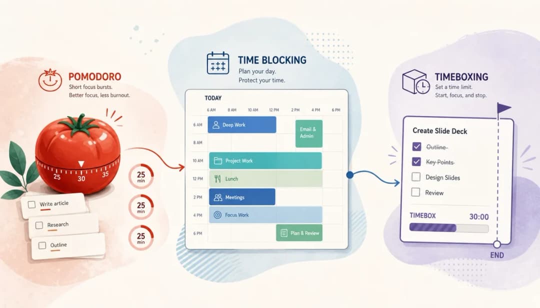 Illustrated wide header showing three planning methods side by side: a tomato timer with small task cards, a calendar filled with colored schedule blocks, and a bounded task list with a clear end limit.