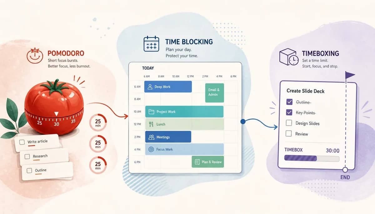 Illustrated wide header showing three planning methods side by side: a tomato timer with small task cards, a calendar filled with colored schedule blocks, and a bounded task list with a clear end limit.
