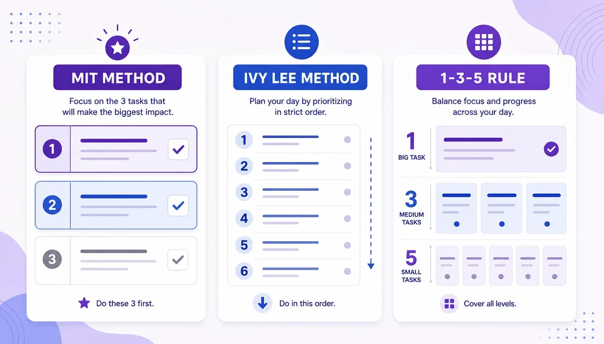 A modern vector-style comparison graphic in a purple and blue color theme showing three productivity methods: MIT method cards, an Ivy Lee numbered list, and a 1-3-5 rule task grid.