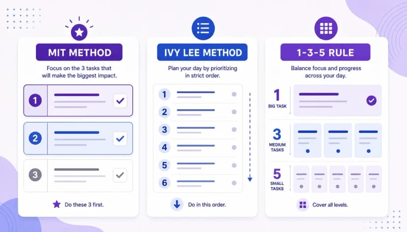 A modern vector-style comparison graphic in a purple and blue color theme showing three productivity methods: MIT method cards, an Ivy Lee numbered list, and a 1-3-5 rule task grid.