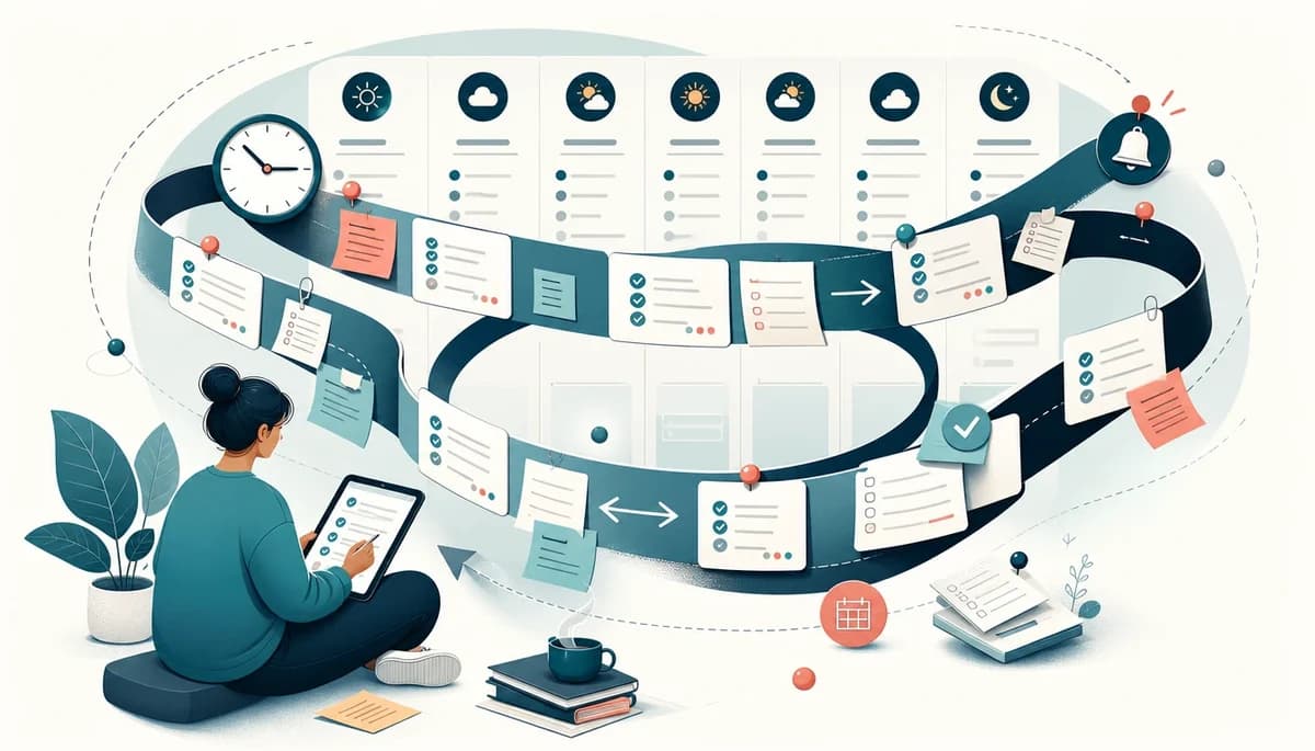 Editorial illustration of a looping stream of checklist cards circling through a weekly calendar while a person arranges the repeating tasks with a tablet and notes.