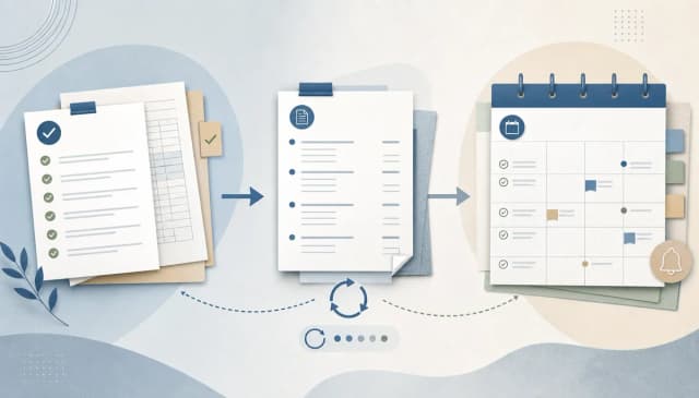 Wide editorial header illustration for an article about turning a completed month-end close template into next month’s plan. Show an elegant abstract accounting workflow: completed checklist pages and