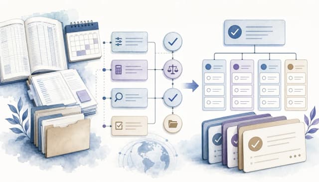 An accountant reviews a mapped close process and builds a structured monthly close checklist on a laptop.