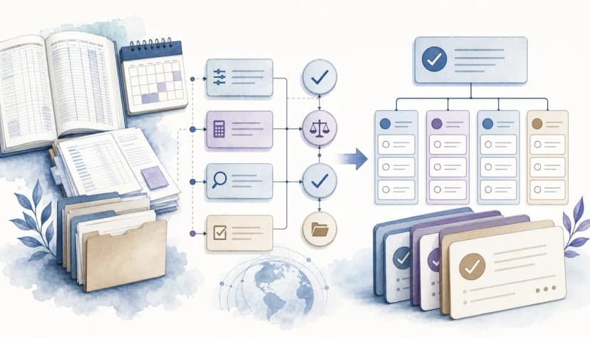 An accountant reviews a mapped close process and builds a structured monthly close checklist on a laptop.